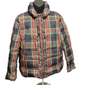 Like NEW Talbots Plaid Tartan Puffer Jacket Ruffle Accent Navy/Green Fall Sz XP